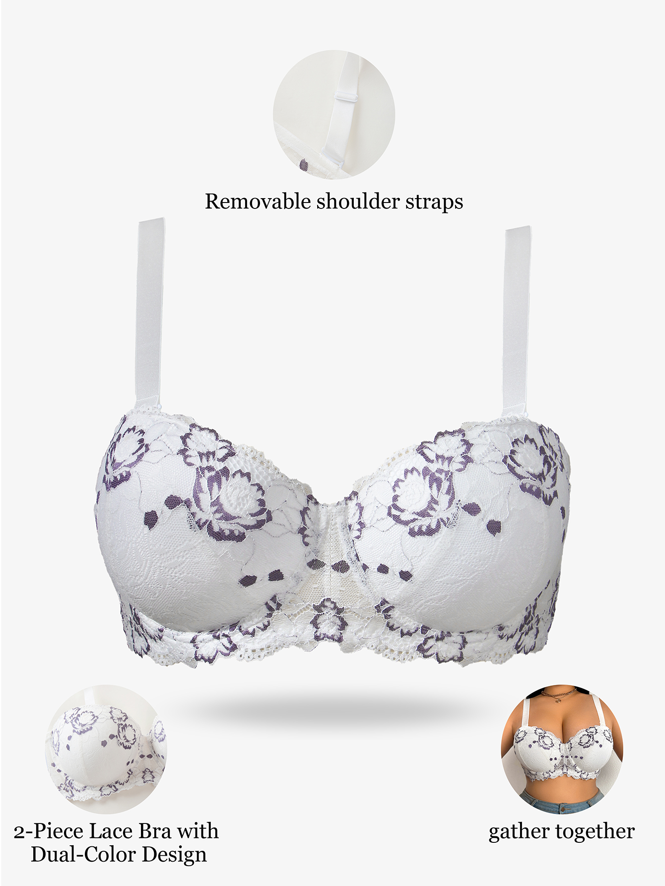 Plus Size Lace & Embroidery Wo - Plunge Bra Push Up 评论和价格