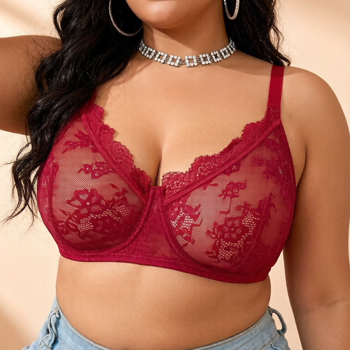 Women Plus Size Red Lace Sheer - Full Coverage Bra 评论和价格