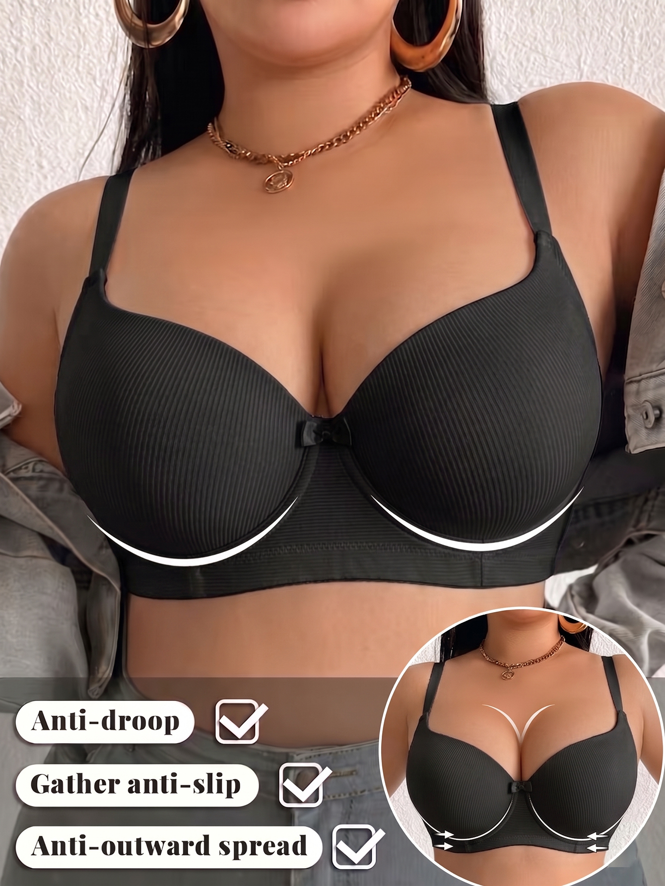 Plus Size Ribbed Women Bra Thi - Plunge Bra Push Up 评论和价格