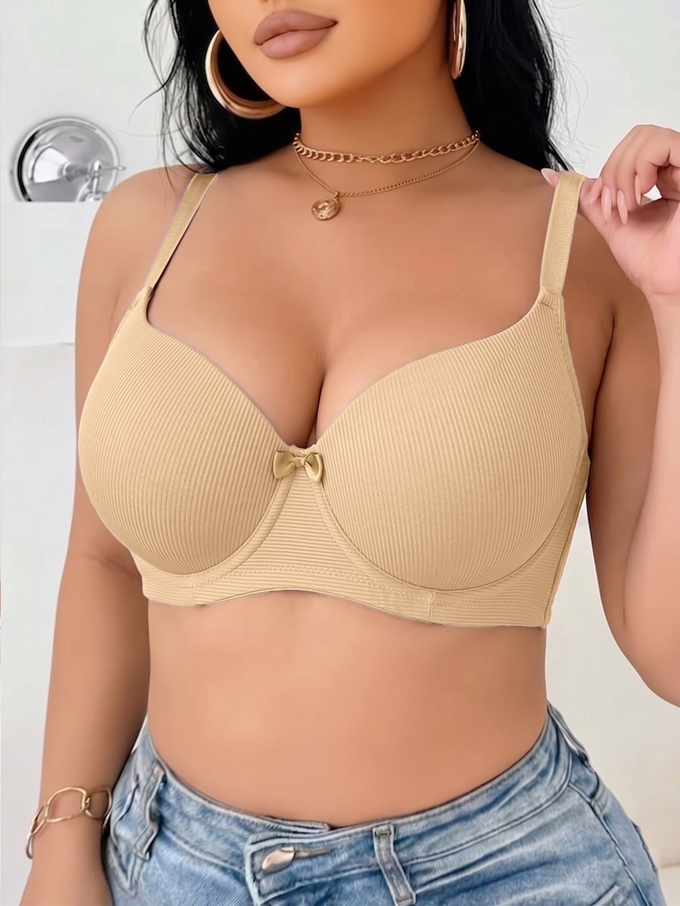 Plus Size Ribbed Women Bra Thi - Plunge Bra Push Up 评论和价格